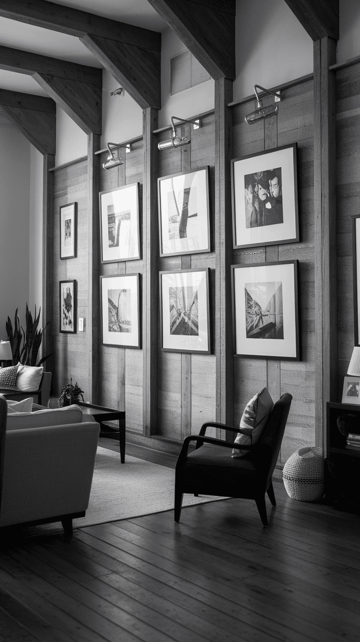 A black and white wall gallery featuring various framed photographs in a stylish living room.