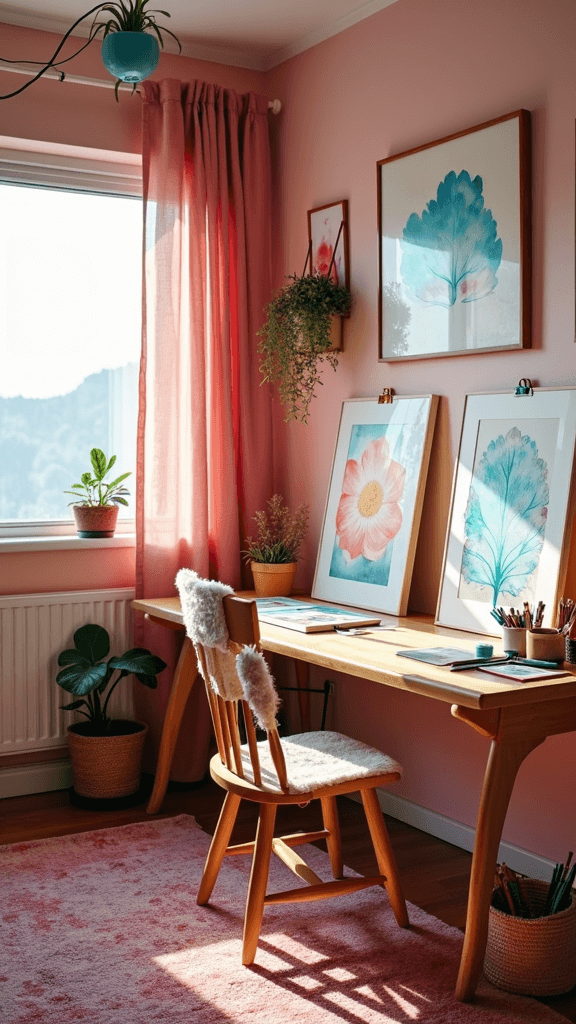 A cozy artistic corner with a wooden desk, floral artworks, and potted plants, featuring soft pink walls and a plush chair.