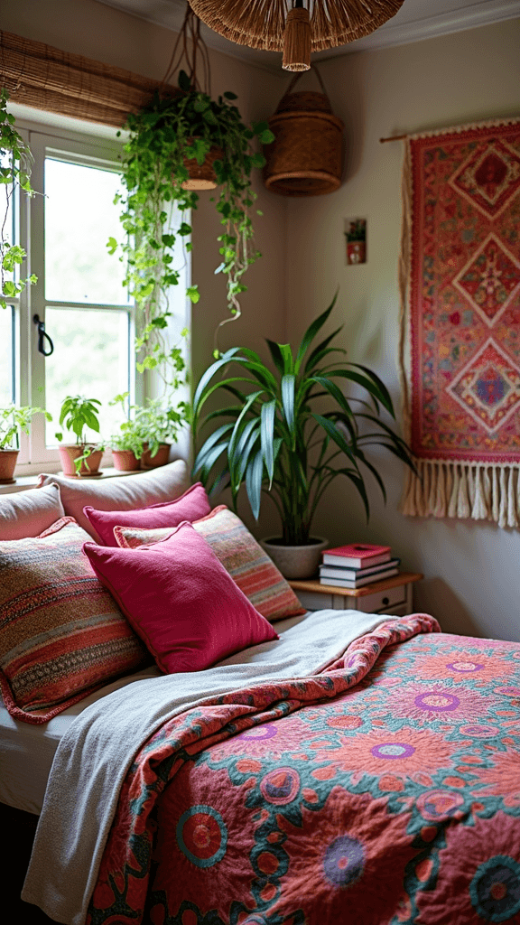 A cozy bedroom with vibrant bedding, pillows, and houseplants, showcasing a Bohemian style.