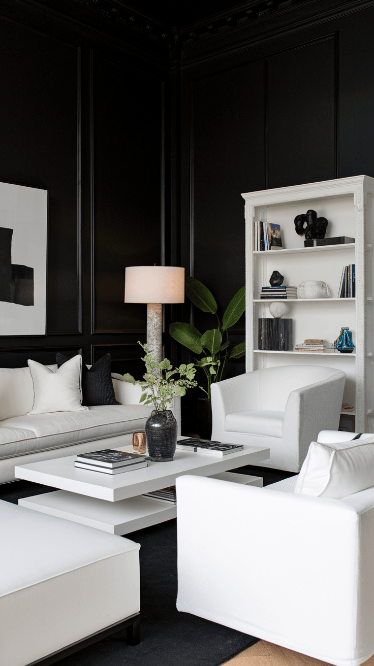 A stylish living room featuring bold black walls, white furniture, and modern decor.
