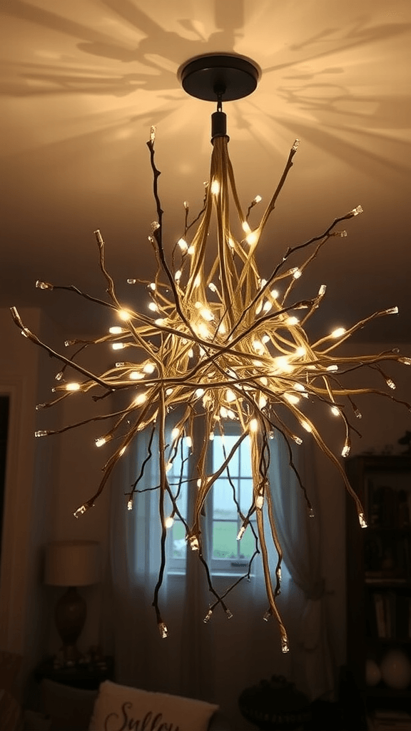 A handmade lighting fixture resembling branches with warm lights illuminating the room.
