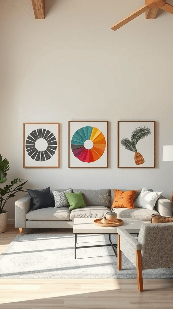 Bright living room with colorful wall art and modern furniture