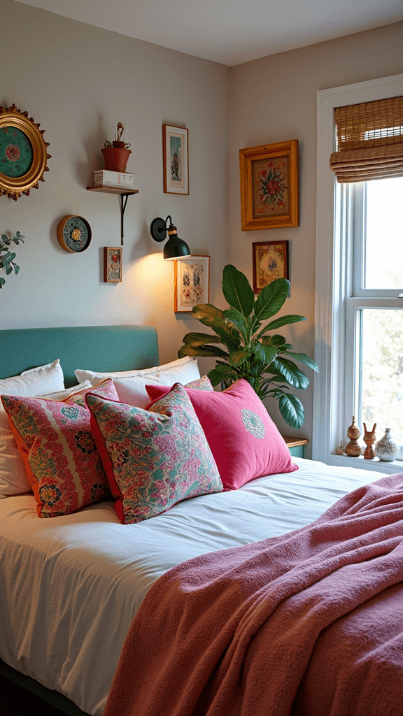 Cozy bed with colorful boho bedding and decorative pillows in a stylish bedroom