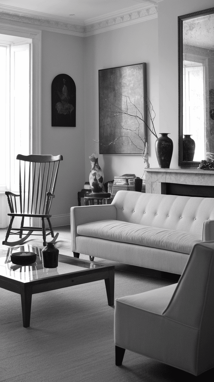 A black and white living room with a modern sofa, a vintage rocking chair, and a glass coffee table.