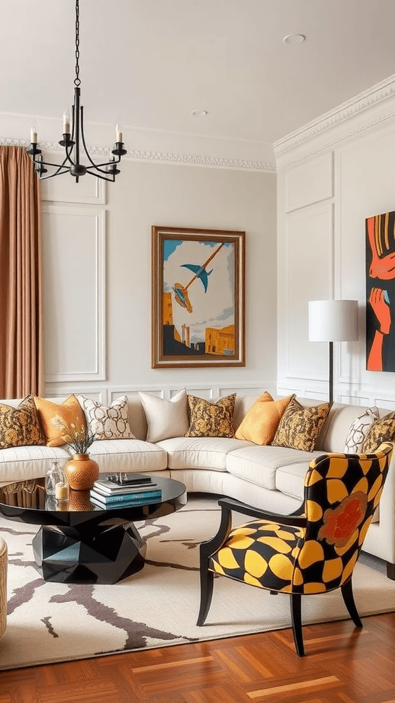 A stylish living room with a comfortable sofa, colorful artwork, and a unique patterned chair, showcasing a blend of modern decor.