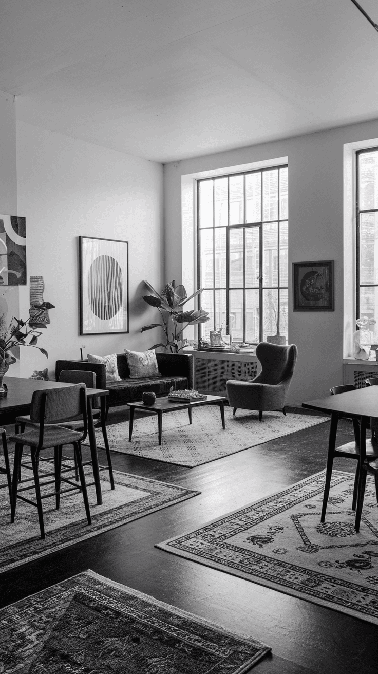 Black and white living room with multiple area rugs defining different spaces