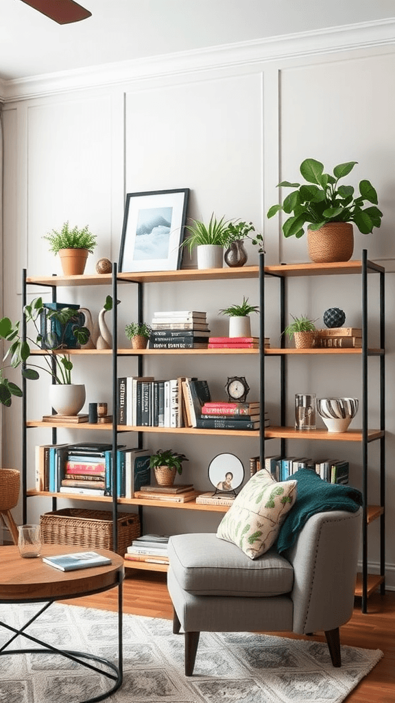 A stylish custom shelving unit with books, plants, and decorative items next to a cozy chair.