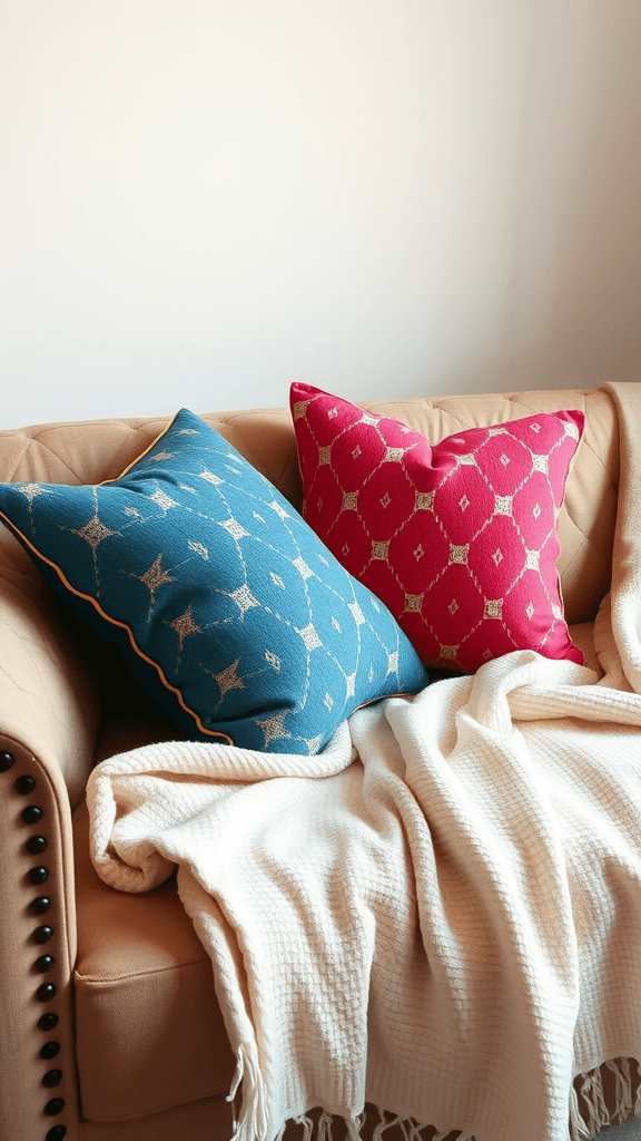 Decorative throw pillows in blue and red on a light couch with a white blanket