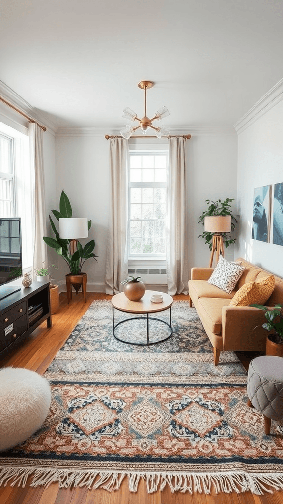 Cozy living room with a patterned area rug, sofa, and decorative plants.