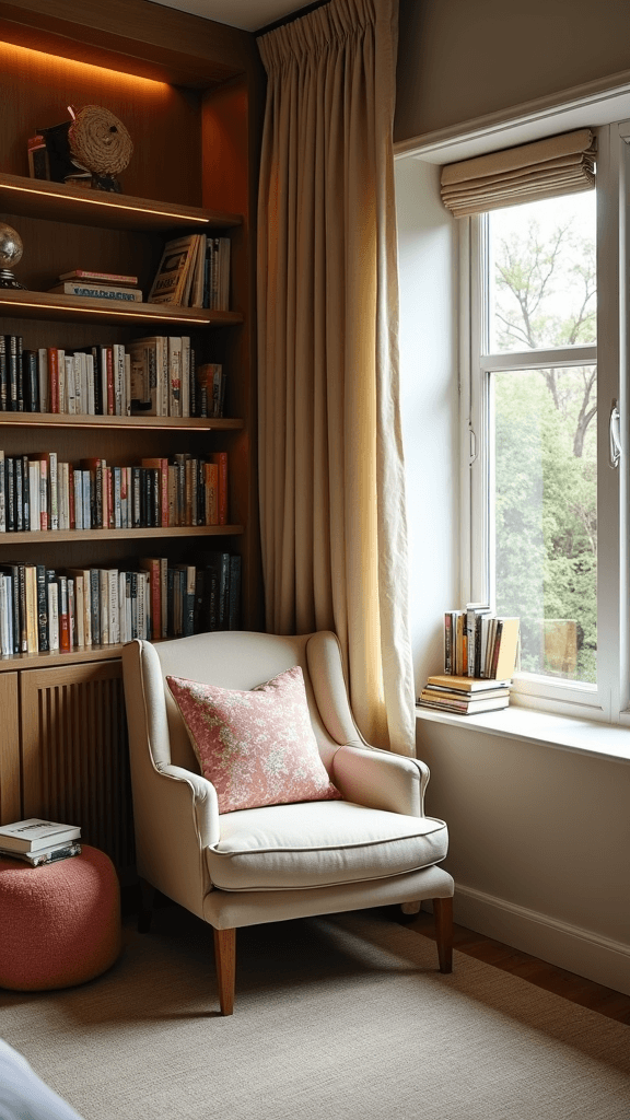 Cozy reading nook with armchair, bookshelves, and window.