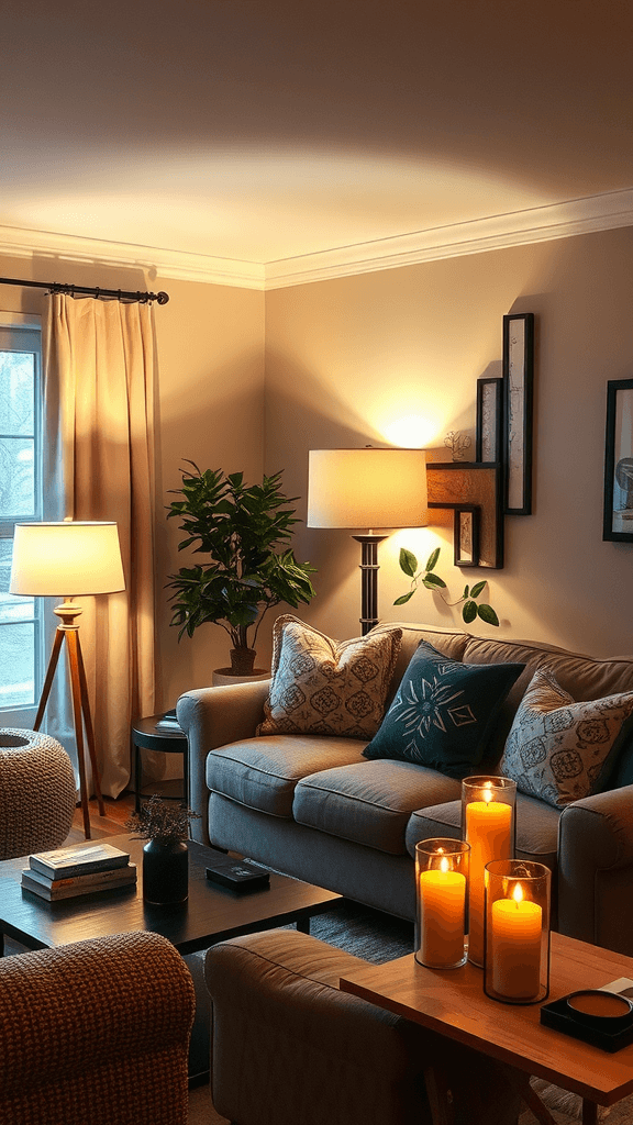 Cozy living room with soft lighting, candles, and plants.