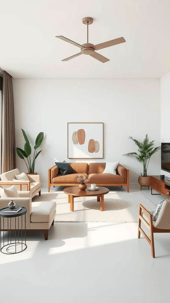 A minimalist living room featuring a warm-toned sofa, neutral armchairs, and plants, creating a clean and open feel.