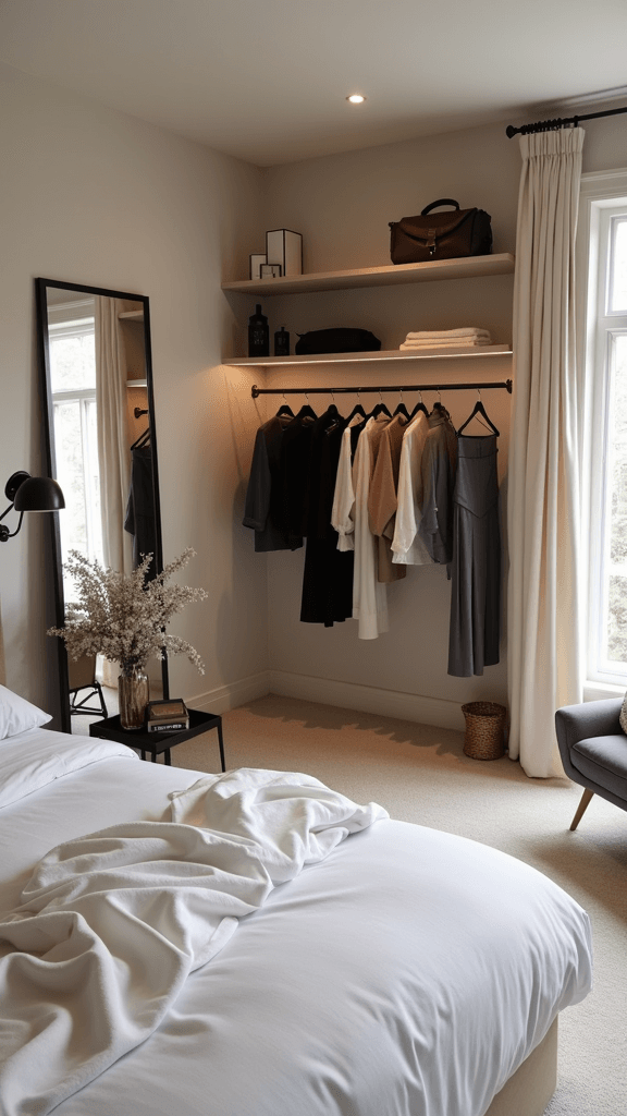 A stylish dressing nook in a cozy teen girl bedroom, featuring a clothing rack, mirror, soft bedding, and chic decor.