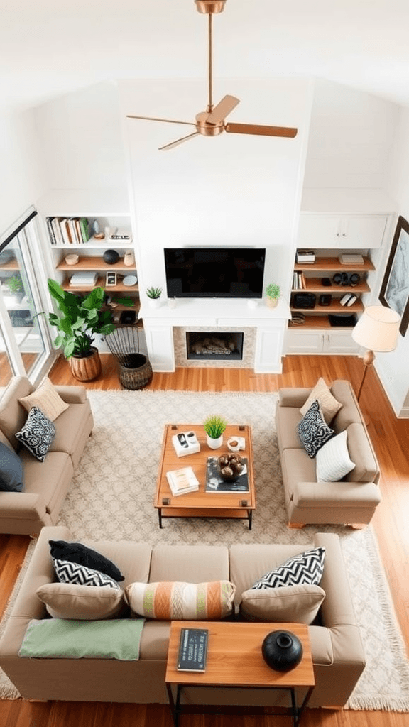 A stylish living room arranged with two sets of sofas, a central coffee table, and decorative elements, showcasing a cozy and functional layout.