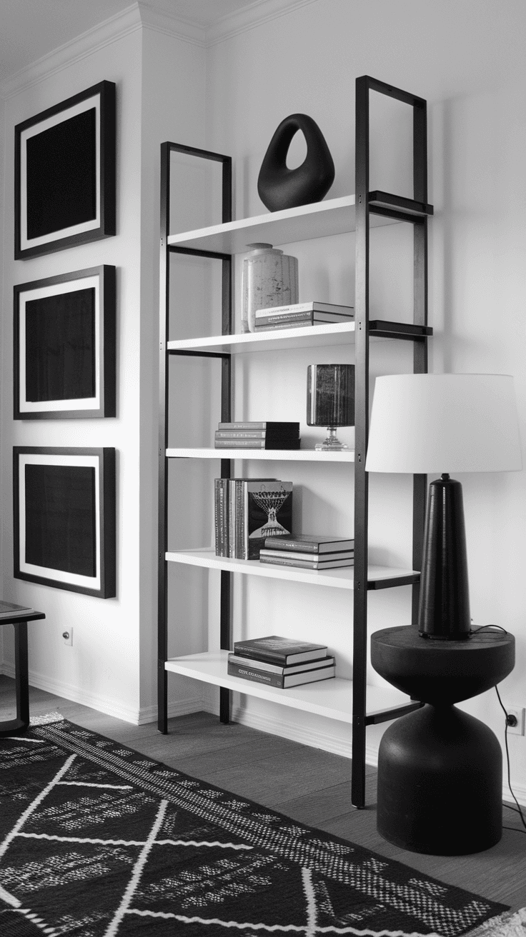 A stylish black and white living room featuring a modern shelving unit and cozy decor.
