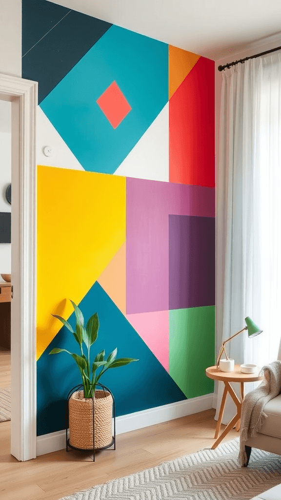 A colorful hand-painted accent wall featuring geometric shapes in vibrant colors.