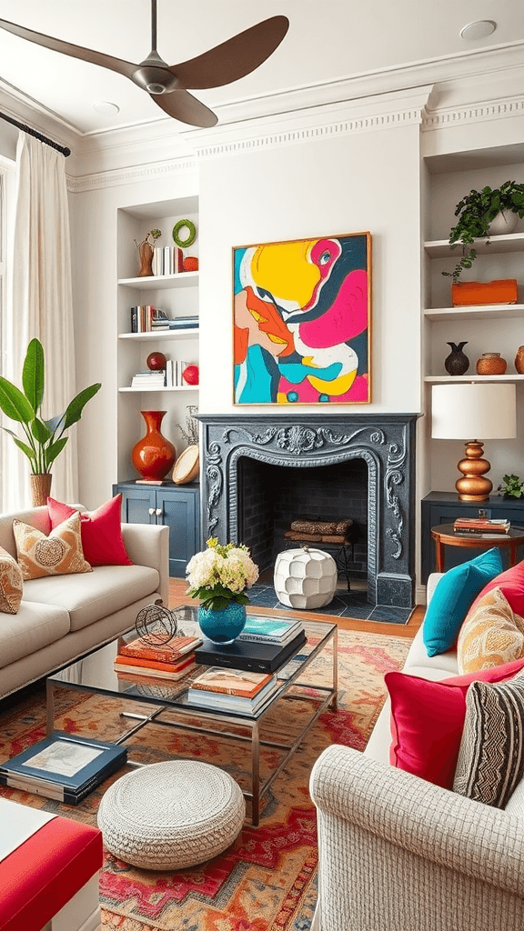 A stylish living room featuring bold colors, artwork, and cozy furniture