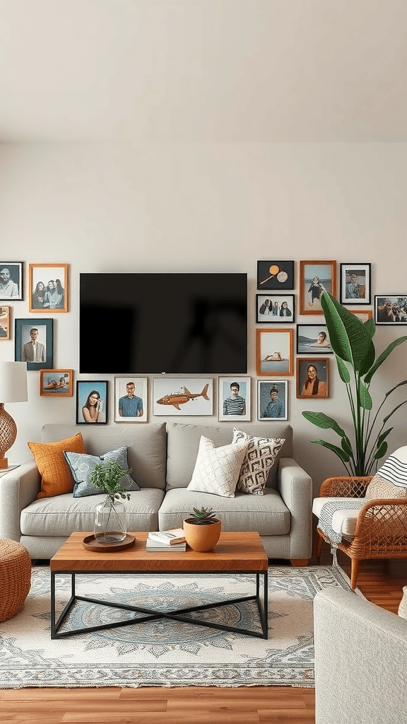 Cozy living room with personal photos on the wall, stylish furniture, and plants.