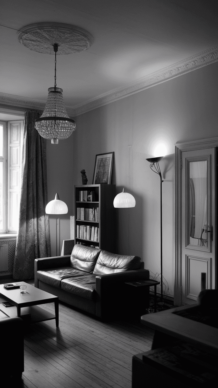 A black and white living room featuring layered lighting with a chandelier and floor lamps.