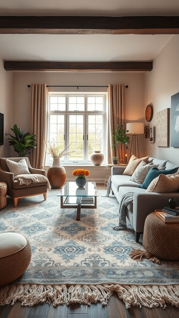 Cozy living room with soft rug, sleek furniture, and decorative plants.