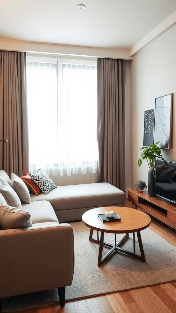 Cozy living room with a sectional sofa, round coffee table, large windows, and potted plants.
