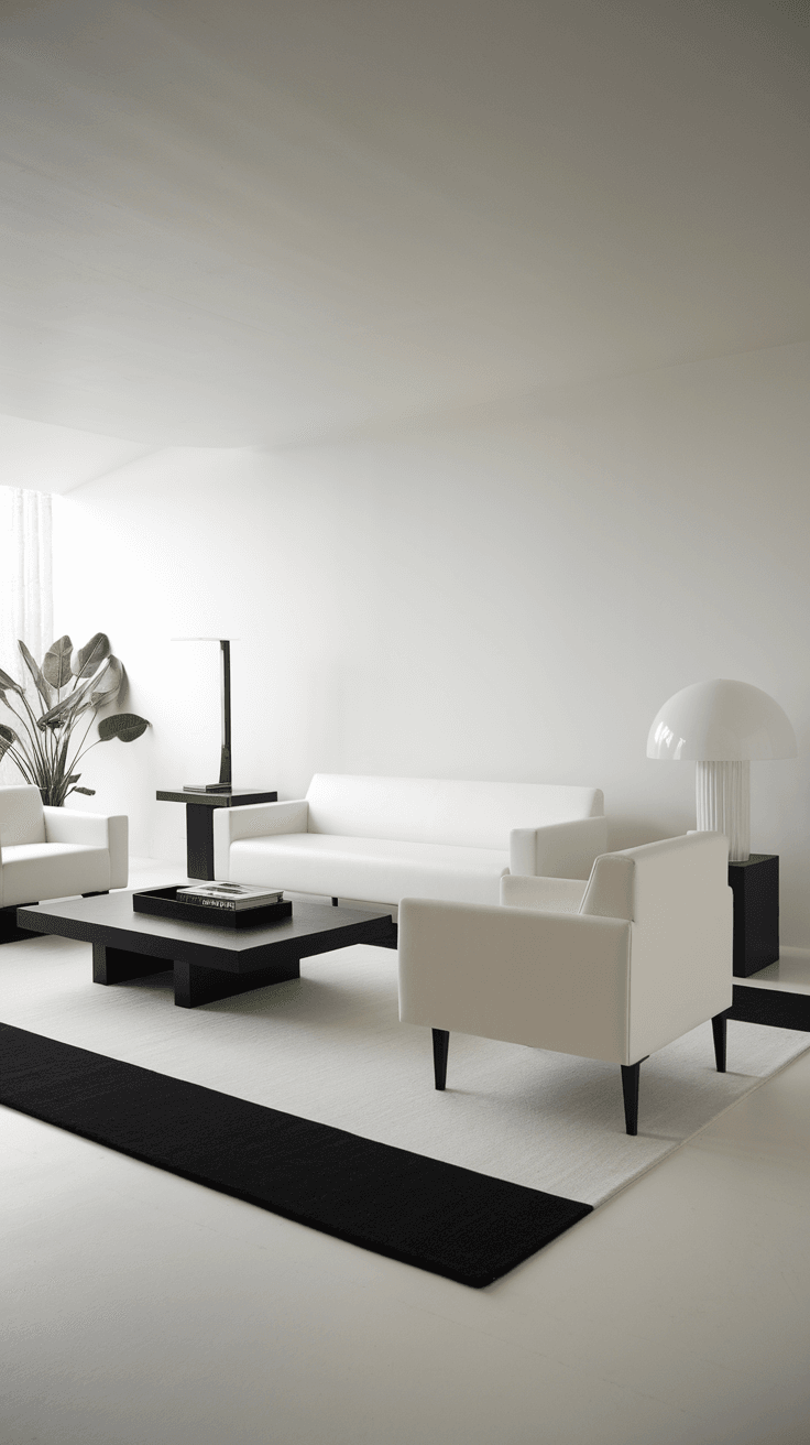 A minimalist black and white living room with clean lines, featuring white sofas, a dark coffee table, and a large plant.
