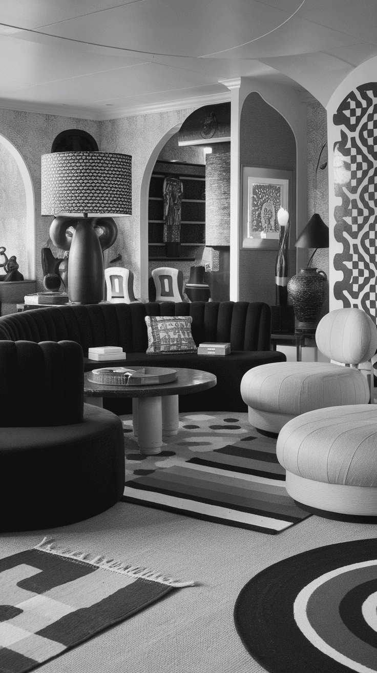 A stylish black and white living room featuring curved furniture, geometric patterns, and a cozy atmosphere.