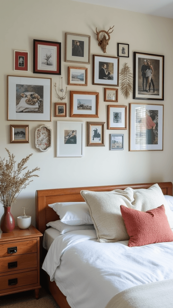 A cozy bedroom featuring a gallery wall with various framed artworks and photos.