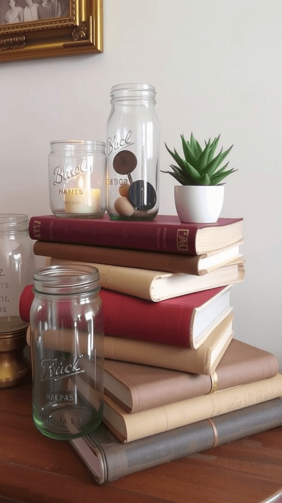 A display of glass jars and books arranged on a shelf