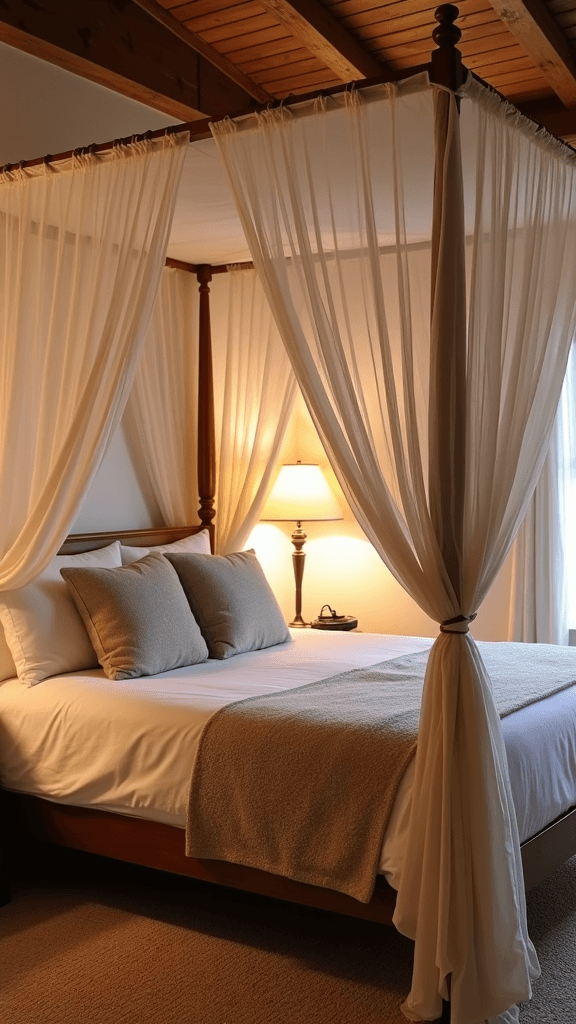 A cozy bedroom with a canopy bed, soft curtains, and warm lighting
