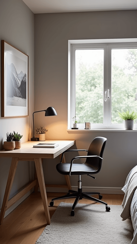 A sleek and modern workspace featuring a wooden desk, black chair, and plants, with natural light coming through a window.