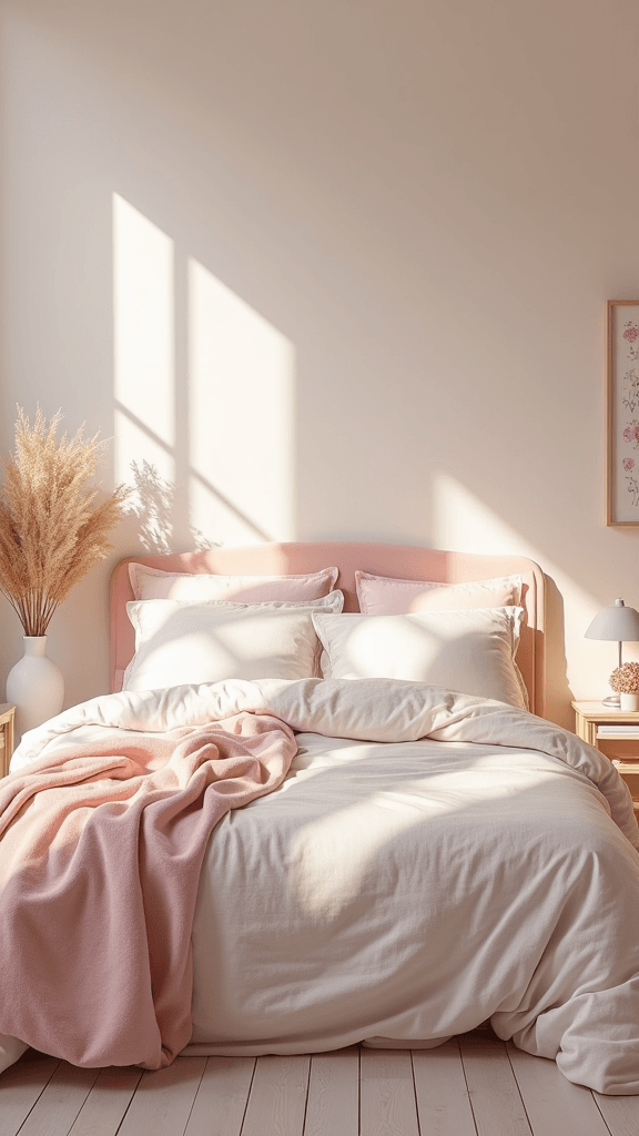A cozy bedroom with a soft pastel color scheme, featuring a pink bed, fluffy pillows, and sunlight streaming through the windows.