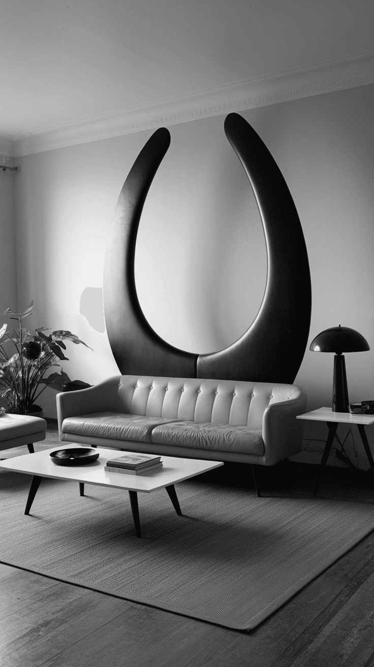 A modern black and white living room featuring a large sculptural wall piece, a sleek couch, and stylish coffee table.