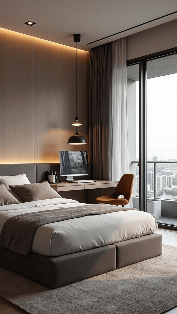 Cozy bedroom featuring a full bed, desk with computer, and large windows.