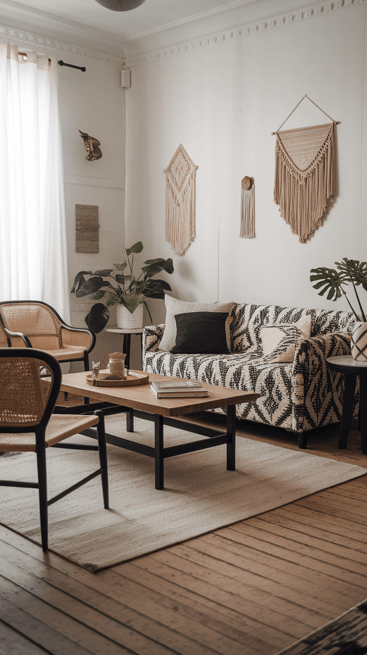 A cozy living room with a patterned couch, woven chairs, macrame wall art, and plants, showcasing a blend of textures and modern design.