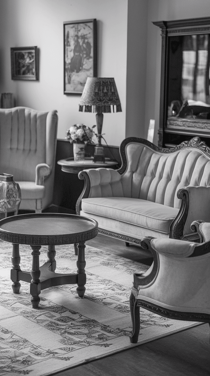 A black and white living room featuring vintage furniture and decor.