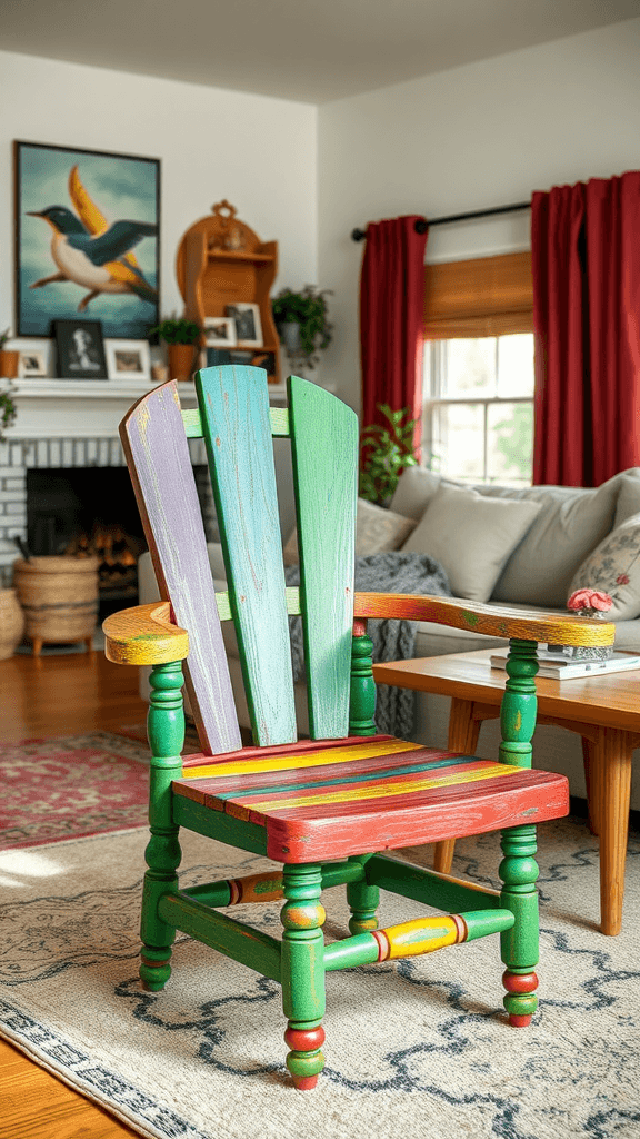 A colorful upcycled chair in a cozy living room setting.