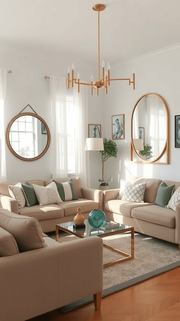 A stylish living room featuring mirrors, warm furniture, and decorative elements.
