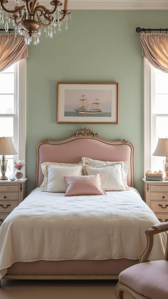Cozy teen girl bedroom with elegant pink bed, vintage chandelier, and soft green walls.