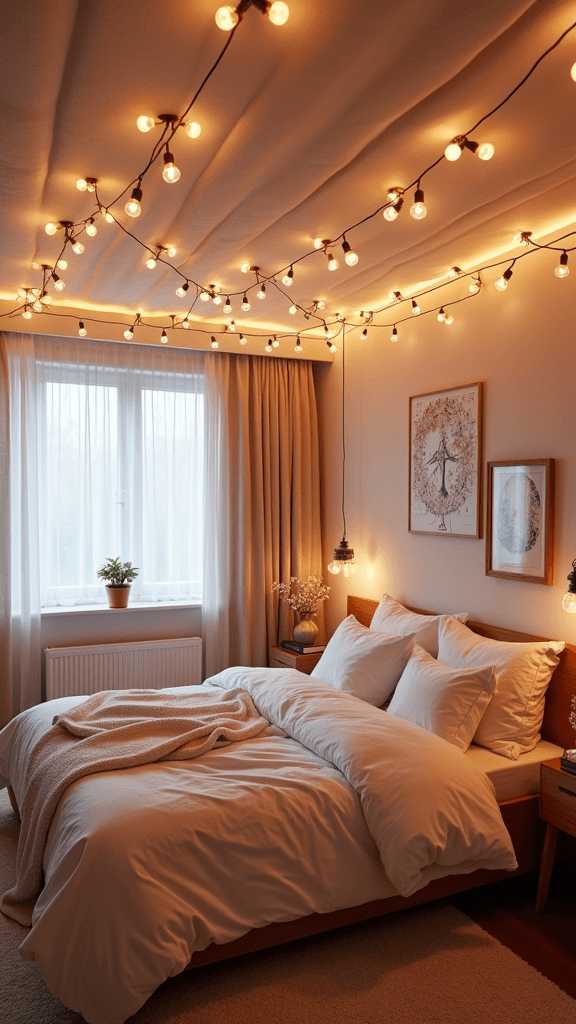 Cozy bedroom with fairy lights and soft bedding, creating a whimsical atmosphere.