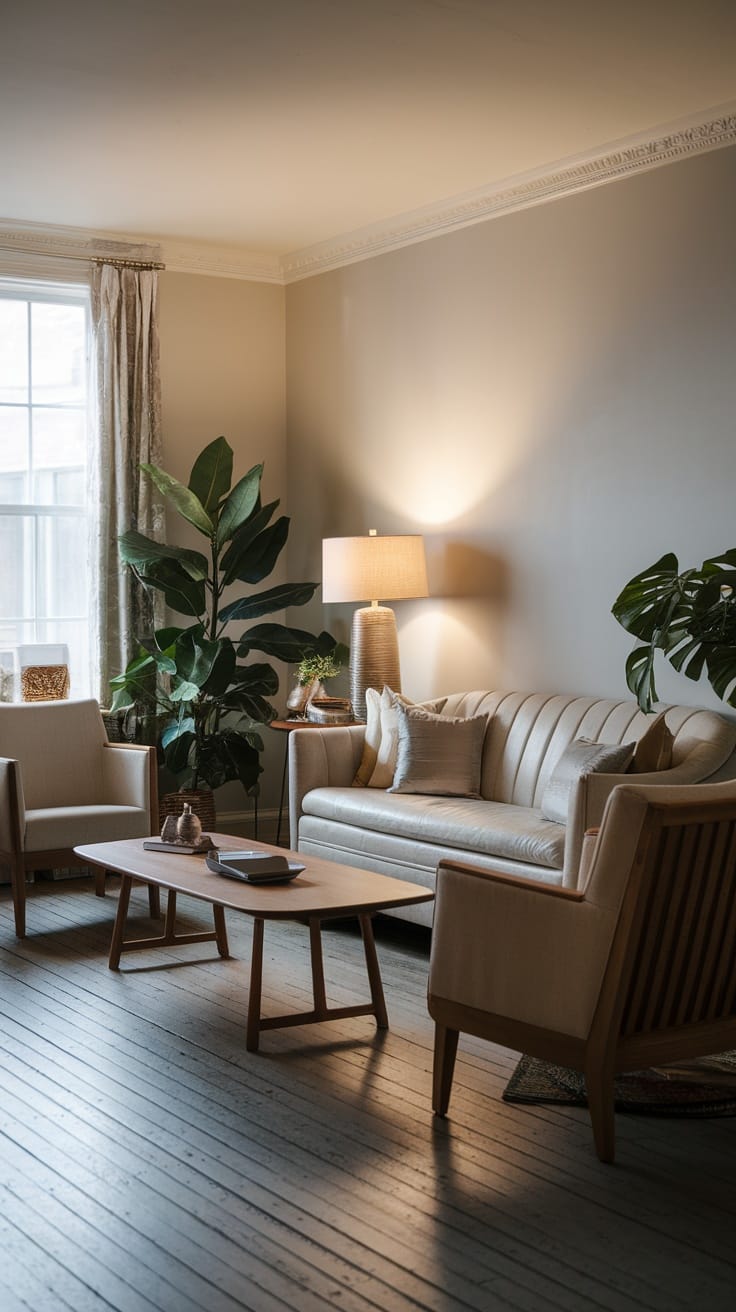 A cozy earthy living room with soft lighting, plants, and simple furniture.