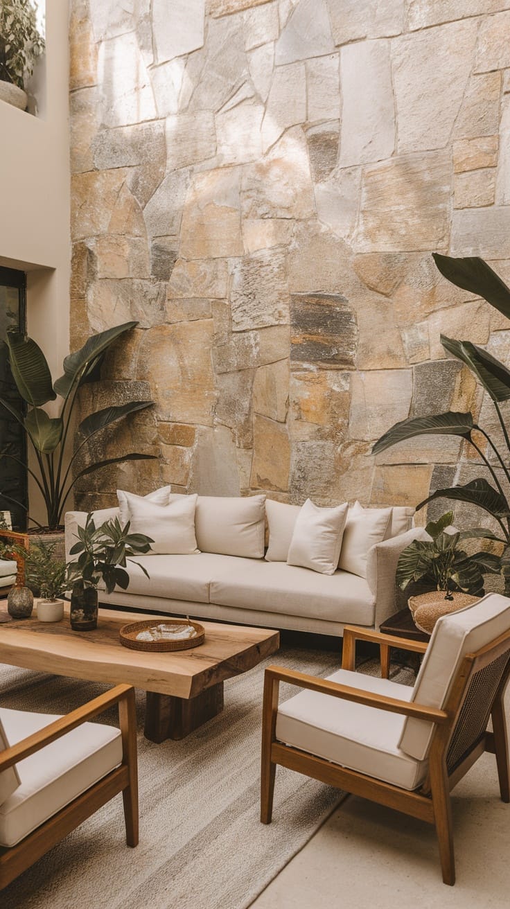A living room with a natural stone accent wall, minimalist furniture, and plants, showcasing earthy decor.