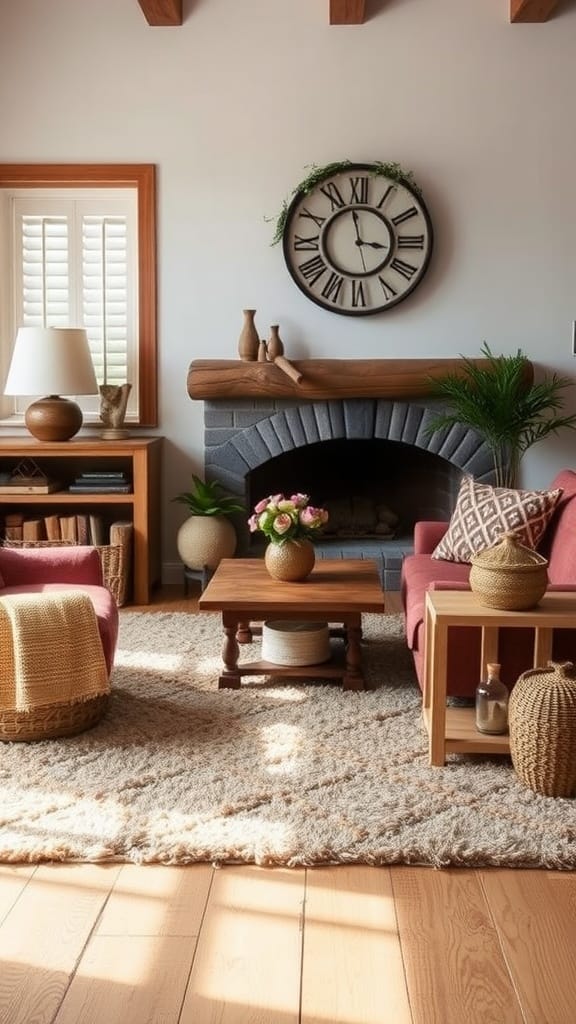 A cozy living room with pink chairs, a wooden table, and a fluffy rug.