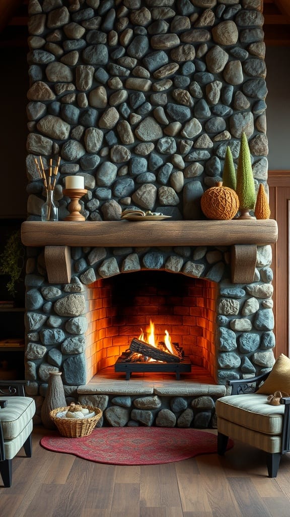 A cozy stone fireplace with wooden mantel, surrounded by comfortable chairs and decorative accents.