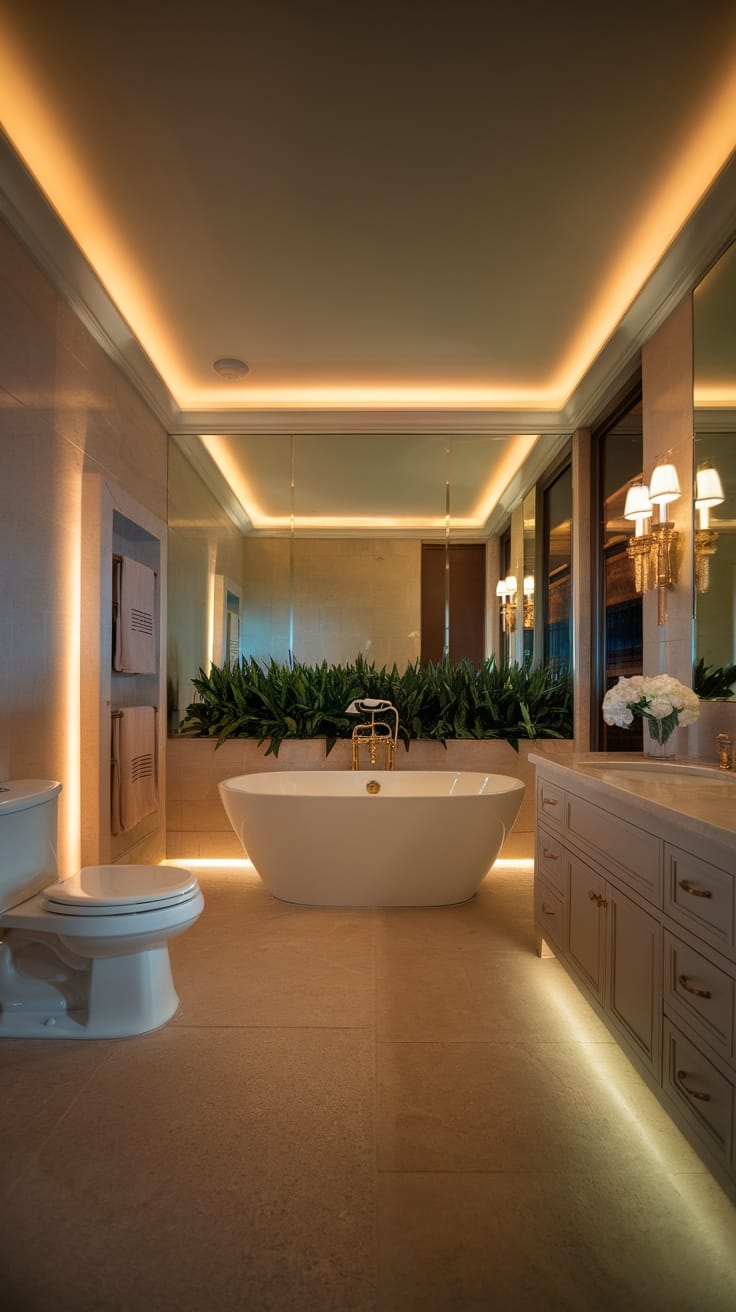 A luxurious bathroom featuring ambient lighting, a sleek bathtub, and plants.
