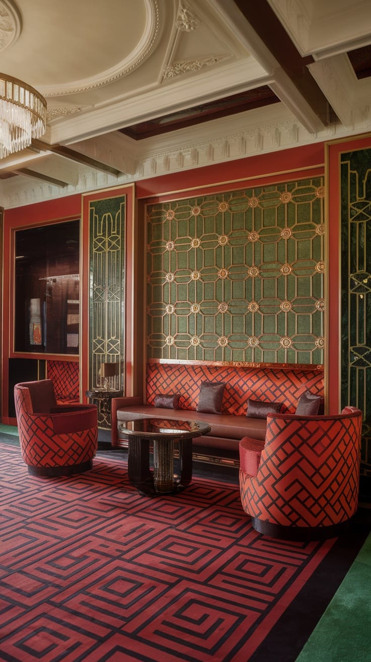 Art Deco living space featuring geometric patterns in red and green with elegant seating and decor.