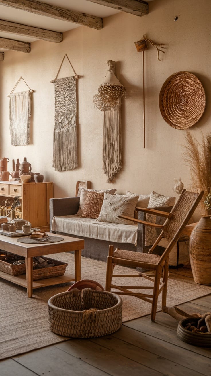 A cozy living room featuring earthy tones, woven wall hangings, rustic furniture, and artisan decor accents.