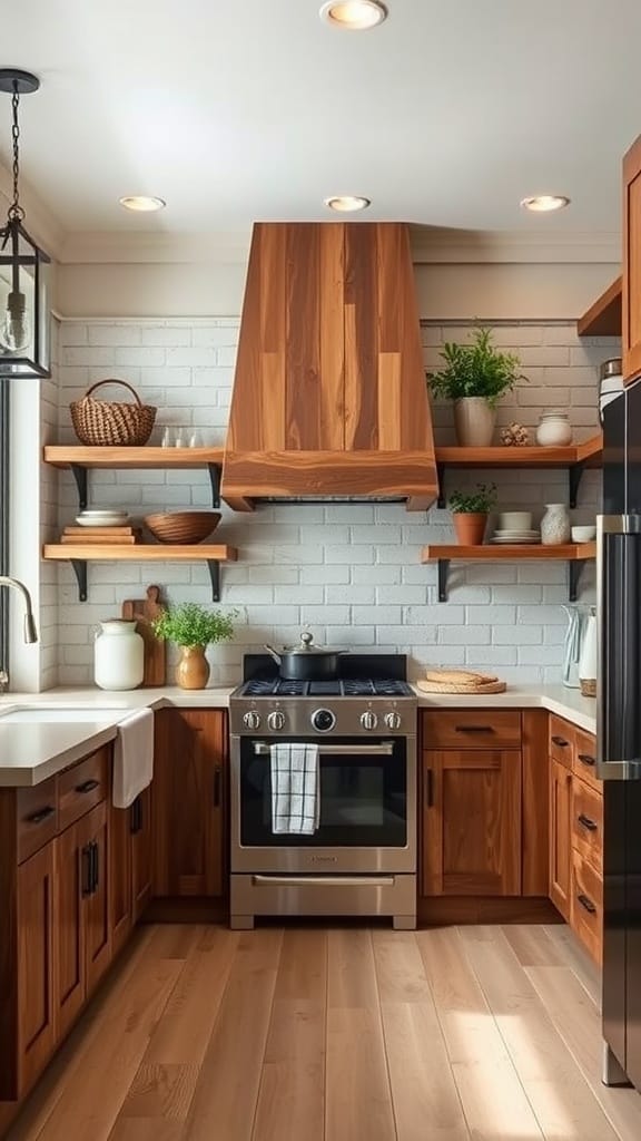Artisanal kitchen with wooden cabinets, open shelves, and a cozy atmosphere