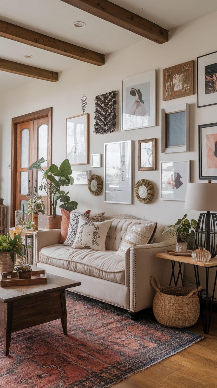 A cozy living room with a gallery wall featuring various art pieces and a comfortable sofa.