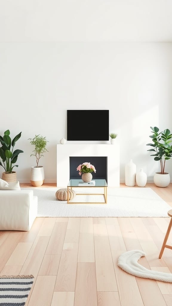 A modern French cottage interior featuring a minimalist living room with a white sofa, a coffee table, plants, and natural light.